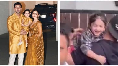 Raha smiles as Ranbir Kapoor picks her up in his arms. Raha smiles as Ranbir Kapoor picks her up in his arms.