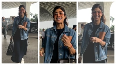 Shilpa Shetty wore a classic ensemble, pairing a black dress with a denim jacket. She was all smiles as she carried a black bag to match with her dress. (PC: Ashutosh Rai ) Shilpa Shetty wore a classic ensemble, pairing a black dress with a denim jacket. She was all smiles as she carried a black bag to match with her dress. (PC: Ashutosh Rai )