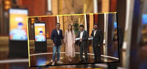 Arshad Khan and his business partner, Kazim Hasan, with the sharks. (Shark Tank Pakistan)