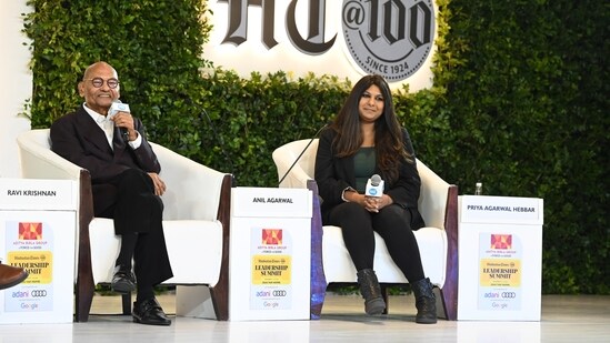 Anil Agarwal, Founder &amp; Non-Executive Chairman, Vedanta Group and&nbsp;Priya Agarwal Hebbar, Chairperson, Hindustan Zinc Limited &amp; Non-Executive Director, Vedanta Ltd at the Hindustan Times Leadership Summit 2024, in New Delhi on Saturday, November 16, 2024.(Keshav Singh/Hindustan Times)