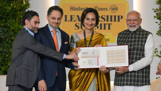 Prime Minister Narendra Modi with HT Media Ltd Chairperson and Editorial Director Shobhana Bhartia during the Hindustan Times Leadership Summit 2024 in New Delhi on November 16.(HT photo)