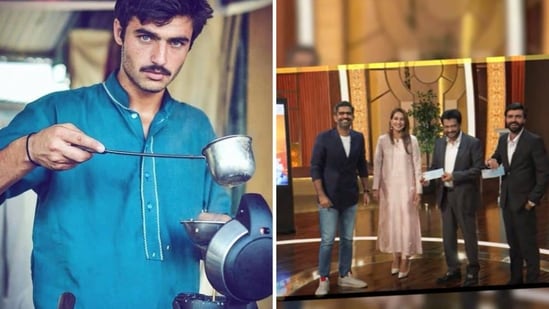 Arshad Khan’s viral picture from 2016 (L) and his recent appearance on Shark Tank Pakistan (R). (Instagram/@arshadchaiwala1)