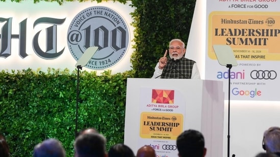 Prime Minister Narendra Modi gestures while delivering the keynote address at the 22nd Hindustan Times Leadership Summit in New Delhi on November 16.(Raj K Raj /HT Photo)