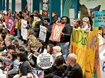 Activists participate in a demonstration at the COP29 Summit in Baku. (AP)