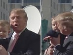 In the clip, shared on X, Donald Trump is seen holding baby Barron in his arms as he stands in front of a podium. In the clip, shared on X, Donald Trump is seen holding baby Barron in his arms as he stands in front of a podium.