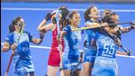 India players celebrate after scoring against Japan in their women’s Asian Champions Trophy hockey match in Rajgir. (Hockey India)