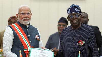Abuja [Nigeria], Nov 17 (ANI): Nigerian President Bola Ahmed Tinubu confers the Grand Commander of The Order of the Niger on Prime Minister Narendra Modi, in Abuja on Sunday. (DPR)