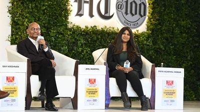 Anil Agarwal and Priya Agarwal Hebbar at the Hindustan Times Leadership Summit in Delhi on Saturday. (Keshav Singh/Hindustan Times)