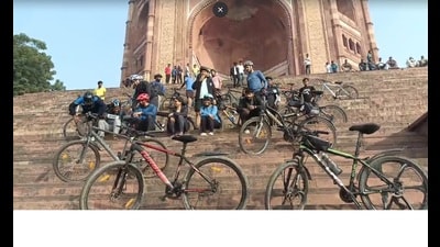 Bicycles parked at the stairs of Buland Darwaza. (Sourced)