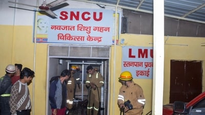 Firefighters work after a fire broke out in a neonatal intensive care unit at Jhansi Medical College hospital in Jhansi (AP) (HT_PRINT) Firefighters work after a fire broke out in a neonatal intensive care unit at Jhansi Medical College hospital in Jhansi (AP) (HT_PRINT)