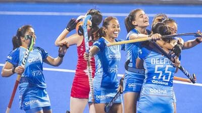 India players celebrate after scoring against Japan in their women’s Asian Champions Trophy hockey match in Rajgir. (Hockey India) India players celebrate after scoring against Japan in their women’s Asian Champions Trophy hockey match in Rajgir. (Hockey India)