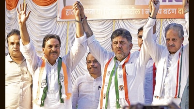 Karnataka deputy chief minister DK Shivakumar campaigns in Mumbai on Friday. (PTI) Karnataka deputy chief minister DK Shivakumar campaigns in Mumbai on Friday. (PTI)