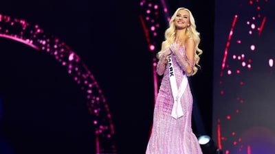 Miss Denmark Victoria Kjaer Theilvig wore a shimmery, pink gown for the finale that exuded grace and beauty. The gown featured studs in different shades of pink. (REUTERS)