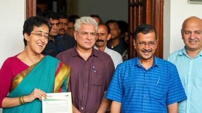 AAP chief Arvind Kejriwal with Chief Minister Atishi, Minister Kailash Gahlot and former at the Vidhan Sabha during Delhi Assembly session. (PTI) AAP chief Arvind Kejriwal with Chief Minister Atishi, Minister Kailash Gahlot and former at the Vidhan Sabha during Delhi Assembly session. (PTI)