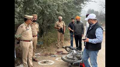 Police personnel at the encounter site in Lehli, Lalru. (HT photo) Police personnel at the encounter site in Lehli, Lalru. (HT photo)