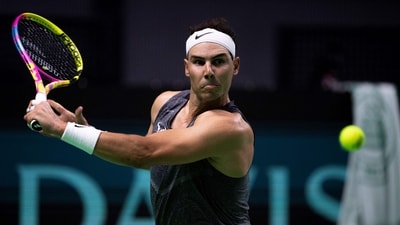 Spain's tennis player Rafael Nadal returns the ball during a training session. (AFP) Spain's tennis player Rafael Nadal returns the ball during a training session. (AFP)