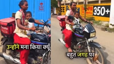 A Zomato delivery agent from Rajkot balanced work with her child, inspiring many online. (Instagram/vishvid ) A Zomato delivery agent from Rajkot balanced work with her child, inspiring many online. (Instagram/vishvid )