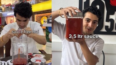 A YouTuber collected 2.5 litres of ketchup from fast-food spots in Pune, going viral online. (Instagram/sarthaksachdevva) A YouTuber collected 2.5 litres of ketchup from fast-food spots in Pune, going viral online. (Instagram/sarthaksachdevva)