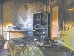 Charred remains of items at BJP leader and Manipur minister Govindas Konthoujam's residence, which was set on fire by some miscreants, at Ningthoukhong in Bishnupur district, on Monday. (PTI) Charred remains of items at BJP leader and Manipur minister Govindas Konthoujam's residence, which was set on fire by some miscreants, at Ningthoukhong in Bishnupur district, on Monday. (PTI)