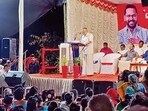 Chief minister Pinarayi Vijayan addresses a gathering at Mathur, 12km from Palakkad town, on Saturday. (HT Photo) Chief minister Pinarayi Vijayan addresses a gathering at Mathur, 12km from Palakkad town, on Saturday. (HT Photo)