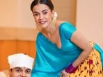 Fashion creator Komal Panday wore a saree with her lehenga.