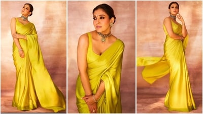 Nayanthara’s lime yellow saree adds a playful yet elegant touch. She paired it with a matching sleeveless blouse and accessorised with a chic choker necklace. (Instagram)