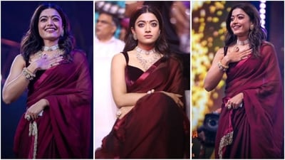 Rashmika Mandanna dazzled at the Pushpa 2 trailer launch in a burgundy saree. (Instagram) Rashmika Mandanna dazzled at the Pushpa 2 trailer launch in a burgundy saree. (Instagram)