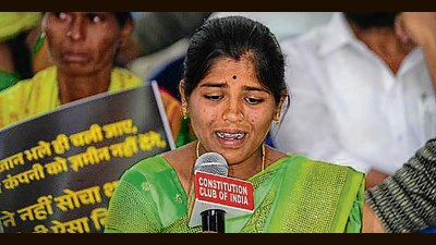 A Telangana resident at a BRS press conference in New Delhi on Monday. (PTI) A Telangana resident at a BRS press conference in New Delhi on Monday. (PTI)