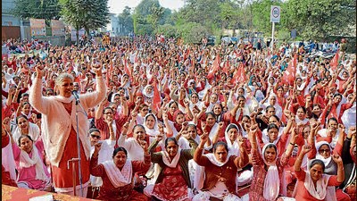 Anganwadi workers during a protest in Ludhiana on Monday. (Manish/HT)