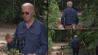 In the viral video, Biden appears to go straight into the forest instead of pursuing the trail ahead of him as he turns and waves while standing at a platform sporting sunglasses and a loose-fitting outdoor shirt. (X) In the viral video, Biden appears to go straight into the forest instead of pursuing the trail ahead of him as he turns and waves while standing at a platform sporting sunglasses and a loose-fitting outdoor shirt. (X)