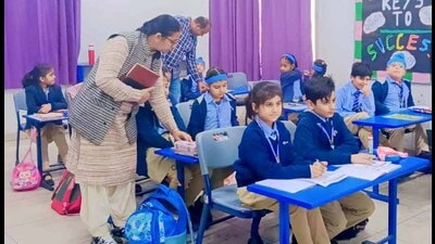 DEO (Elementary) Ravinder Kaur inspecting a private school in Isher Nagar, Ludhiana, on Monday. (HT Photo)