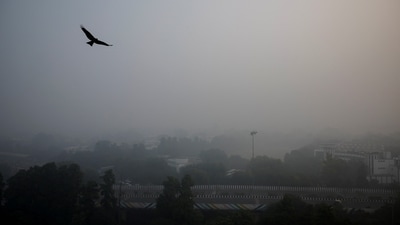 Traffic passes by on a road as the sky is enveloped with smog in New Delhi. (REUTERS)