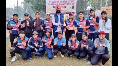 Ludhiana women’s team lifts the trophy at 19th Senior State Baseball Championship at Government School in Ludhiana on Monday. (HT Photo) Ludhiana women’s team lifts the trophy at 19th Senior State Baseball Championship at Government School in Ludhiana on Monday. (HT Photo)