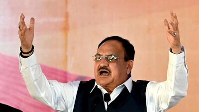Praising Manda Mhatre’s work in Belapur, JP Nadda said, “These elections are not about Manda Mhatre winning or our government coming to power but about taking Maharashtra ahead.” (Bachchan Kumar/ HT PHOTO)