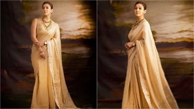 She rocked a beige saree with shiny borders, pairing it with a matching sleeveless blouse and elegant golden temple jewellery, exuding the ultimate ethnic charm. (Instagram)