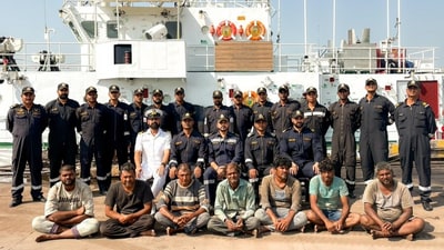 ICG ship Agrim successfully rescued the 7 Indian fishermen from the Pakistan Maritime Security ship. (X/@ANI) ICG ship Agrim successfully rescued the 7 Indian fishermen from the Pakistan Maritime Security ship. (X/@ANI)