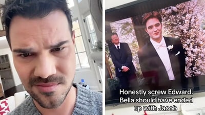 Taylor Lautner reignited the Twilight love triangle debate with a hilarious TikTok video over the weekend (TikTok) Taylor Lautner reignited the Twilight love triangle debate with a hilarious TikTok video over the weekend (TikTok)