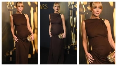 Jennifer Lawrence dazzled in the pregnancy glow. In a beautiful brown dress that fit her like a glove, her warm-tone look is rich and elegant. (Instagram) Jennifer Lawrence dazzled in the pregnancy glow. In a beautiful brown dress that fit her like a glove, her warm-tone look is rich and elegant. (Instagram)