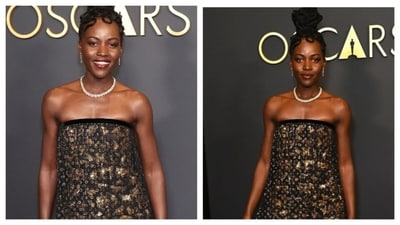 Lupita Nyong’o wore a strapless gown with intricate black and gold embellishments. It had a metallic shine to it. (Instagram) Lupita Nyong’o wore a strapless gown with intricate black and gold embellishments. It had a metallic shine to it. (Instagram)