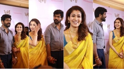 Nayanthara draped a vibrant yellow saree paired with a contrasting blue blouse. Styled with traditional golden jewelry and dewy makeup, she looks absolutely mesmerising. (Instagram)