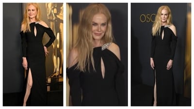Nicole Kidman looked timeless in a black dress with a high thigh slit. The unique neckline added to the mysterious charm of the look. (Instagram) Nicole Kidman looked timeless in a black dress with a high thigh slit. The unique neckline added to the mysterious charm of the look. (Instagram)