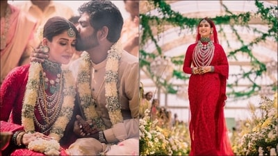 Nayanthara's vermillion red handcrafted saree, inspired by the intricate carvings of Hoysala temples and personalised with her and Vignesh Shivan's names, was a masterpiece she wore for her wedding. (Instagram/jade_bymk)