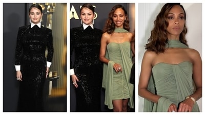 Selena Gomez and Zoe Saldana gave bff goals as they stunned in opposite aesthetics. While Selena Gomez radiated a classy glam in a long black sequin dress with white collar and cuffs, Zoe went for a more casual evening wear in a ruched, green dress. (Instagram) Selena Gomez and Zoe Saldana gave bff goals as they stunned in opposite aesthetics. While Selena Gomez radiated a classy glam in a long black sequin dress with white collar and cuffs, Zoe went for a more casual evening wear in a ruched, green dress. (Instagram)