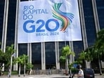 A G20 Summit banner is displayed at the City Hall in Rio de Janeiro, Brazil