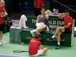 Spain's Rafael Nadal and coach Carlos Moya during a practice session