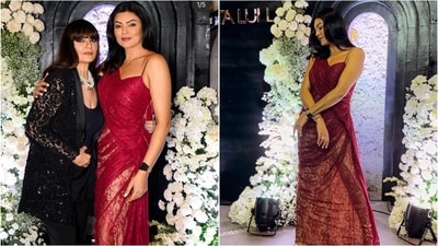 Sushmita Sen stuns in a bold red gown with a sweetheart neckline and mesmerising netted detailing, exuding ultimate glam. (Instagram) Sushmita Sen stuns in a bold red gown with a sweetheart neckline and mesmerising netted detailing, exuding ultimate glam. (Instagram)