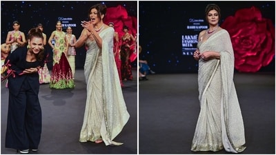 Sushmita Sen dazzled as the showstopper in a silver shimmer saree paired with an off-shoulder sweetheart neckline blouse. She elevated the look with a statement diamond necklace and a sleek bun hairstyle. (Instagram) Sushmita Sen dazzled as the showstopper in a silver shimmer saree paired with an off-shoulder sweetheart neckline blouse. She elevated the look with a statement diamond necklace and a sleek bun hairstyle. (Instagram)