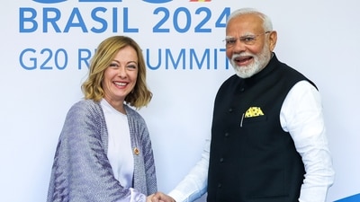 Prime Minister Narendra Modi holds a bilateral meeting with the Italian Prime Minister Giorgia Meloni on the sidelines of the 19th G20 Summit in Rio de Janeiro on Monday. (Narendra Modi/X) Prime Minister Narendra Modi holds a bilateral meeting with the Italian Prime Minister Giorgia Meloni on the sidelines of the 19th G20 Summit in Rio de Janeiro on Monday. (Narendra Modi/X)