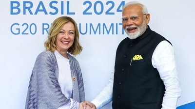 Prime Minister Narendra Modi holds a bilateral meeting with the Italian Prime Minister Giorgia Meloni on the sidelines of the 19th G20 summit, in Rio de Janeiro on Monday. (ANI Photo) (DPR) Prime Minister Narendra Modi holds a bilateral meeting with the Italian Prime Minister Giorgia Meloni on the sidelines of the 19th G20 summit, in Rio de Janeiro on Monday. (ANI Photo) (DPR)