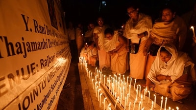 Members of the Manipuri Sahitya Parishad Assam and Kamrup District Committee light candles during a protest against the 'Manipur Violence' in Guwahati on Monday. (ANI Photo) (Abdul Sajid) Members of the Manipuri Sahitya Parishad Assam and Kamrup District Committee light candles during a protest against the 'Manipur Violence' in Guwahati on Monday. (ANI Photo) (Abdul Sajid)